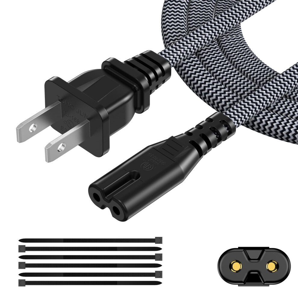 Ac Power Cord 15Ft, Nylon Braided 2 Prong C8 Replacement Cable For Xbox Ps5 Printer Monitor 9044945423518