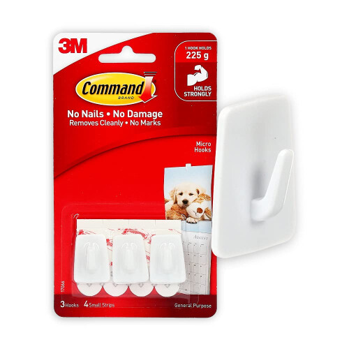 Command Micro Hooks with Command Adhesive Strips (1 Pack of 3 Hooks)
