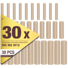 5Plus 30-Piece Assorted Wooden Dowels Set – M6, M8, M10 Hardwood Grooved & Fluted Pins for Furniture, Woodworking, and Crafting (6mm, 8mm, 10mm)