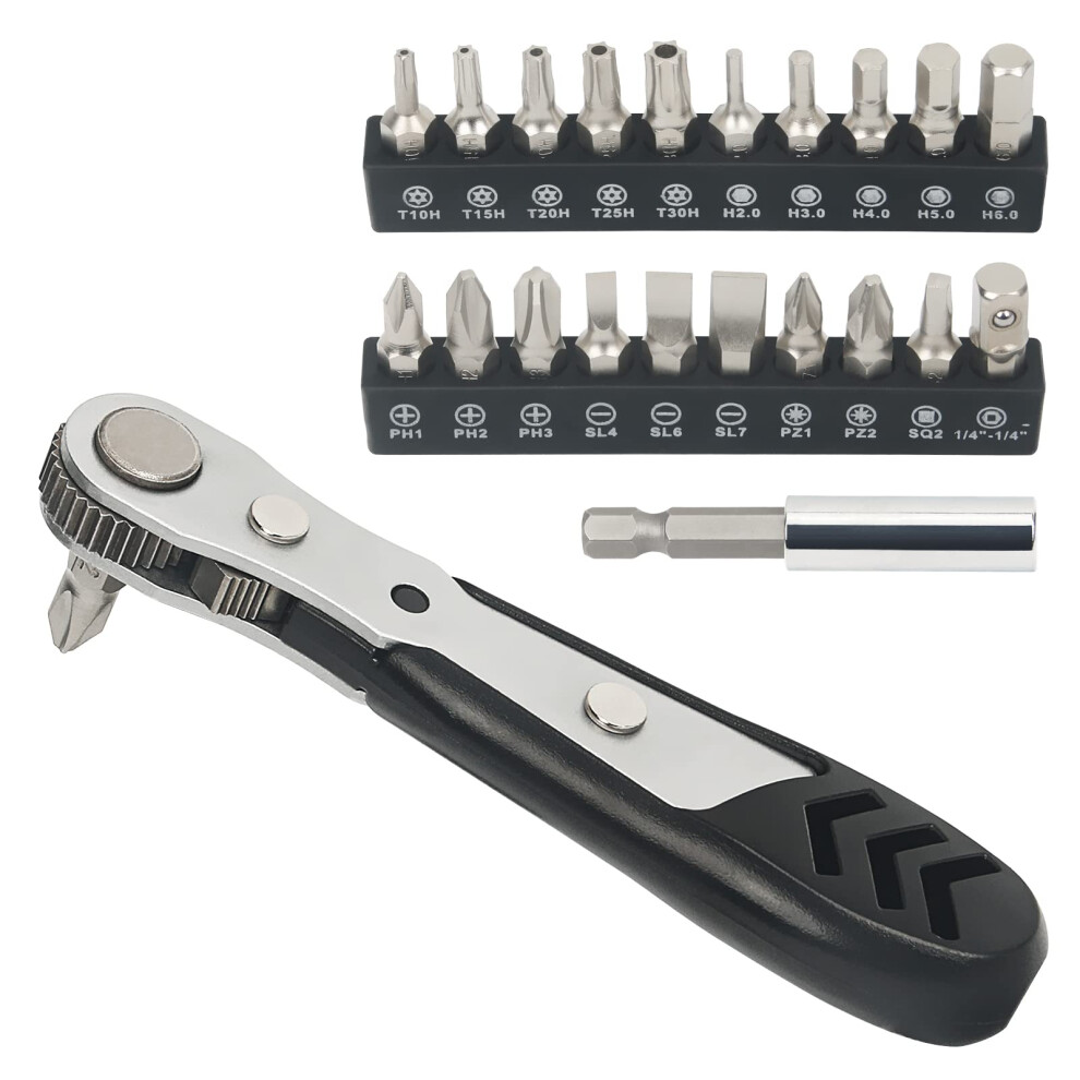 Strebito Mini Ratchet Set, 22-Piece 1/4 Ratchet Right Angle Screwdriver, 36-Tooth Small Ratcheting Wrench Bit Ratchet For Tight Spaces, With Phillips 48385626