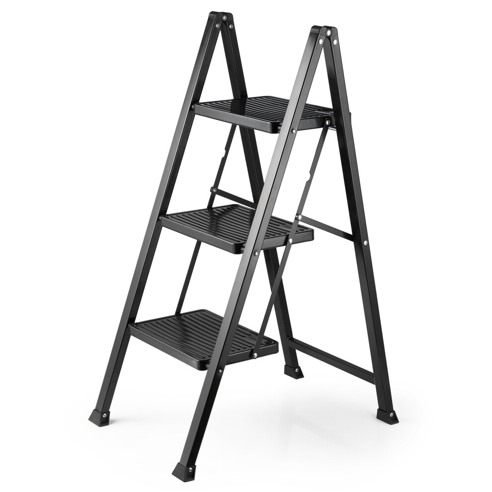 Vonhaus Slim 3 Step Ladder With Anti Slip Steps And Feet - Black Lightweight Folding Stepladder - 150Kg Max Capacity, Easy To Store - Ideal For Home/ 3030630982336