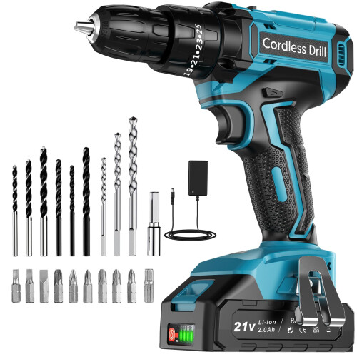 Cordless Drill, LEEIKOO 21V Combi Hammer Drill, 42N.m, 2.0Ah Battery