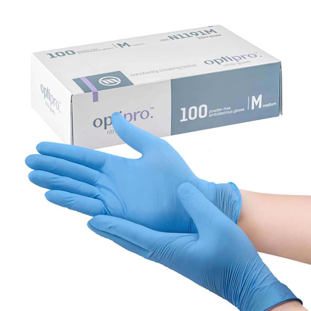 Optipro Nitrile Gloves Powder-Free En455 Medical Standard - Pack Of 100 Blue Ambidextrous Latex Free Disposable Gloves For Medical Examination 3611881698803