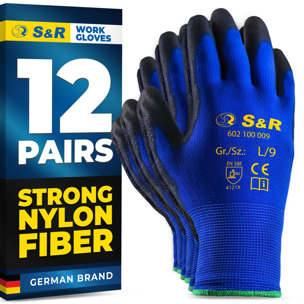 S&R Work Gloves Â 12 Pairs, Nylon With Pu Coating, Size L/9 Â Protective Gloves For Private & Commercial Use 73062158