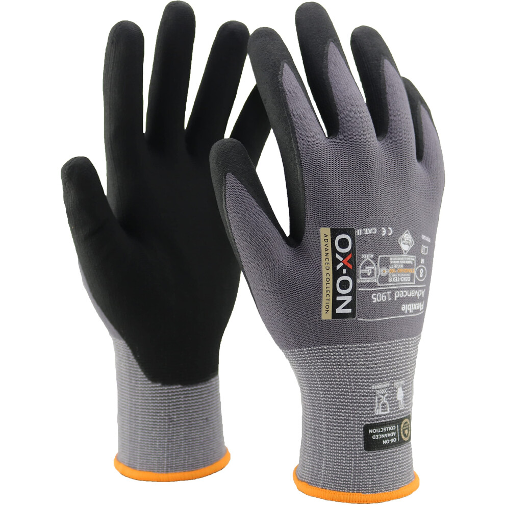 Ox-On Flexible Advanced 1905 Grey Work Gloves, Extremely Durable Safety Gloves, Secure & Precise Grip, Protective & Comfortable Nitrile Gloves, Phone 5004329160631