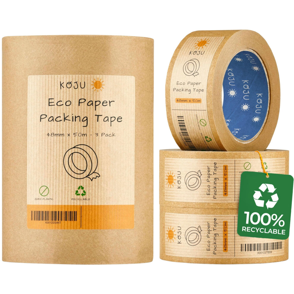 Koju Kraft Paper Packing Tape 48Mm X 50M | 3 Pack | Eco Friendly & Recyclable Brown Paper Tape For Parcel Packing & Picture Framing 5051226981746