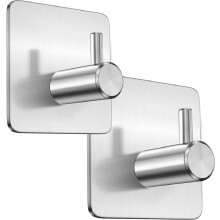 2 Silver Self Adhesive Wall Hooks, Brushed Stainless Steel Towel Holder for Bathroom and Kitchen, No Drill Heavy Duty Design