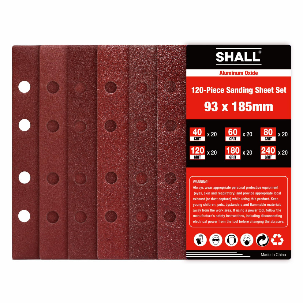 Photos - Power Tool Accessory SHALL-120pcs Sanding Sheets Rectangular, 93x185mm Sander Sandpaper 8 Holes Hook and Loop Sanding Pads,Assorted 40/60/80/120/