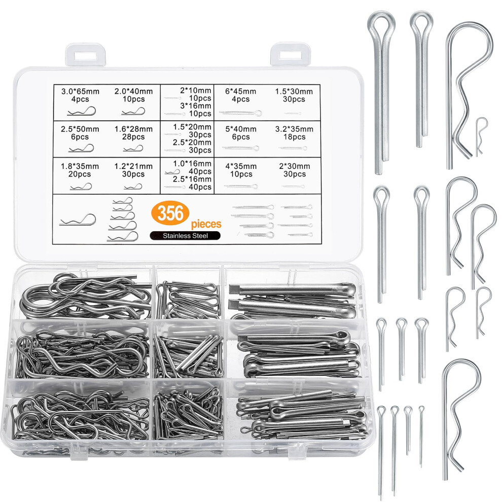 356 Pcs Cotter Pins Assorted And R Clips Assortment Kit, Split Pins Set, R Type Spring Split Cotter Pin Retaining Pins, R-Clip Spring Locking Pins Fa 16737648