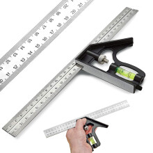 Square Ruler Tool Set, Combination Square Carpentry Tools with 12Inches/300mm Scale, 45/90 Degree Ruler with Bubble Level, Measuring Tool for Woodwor