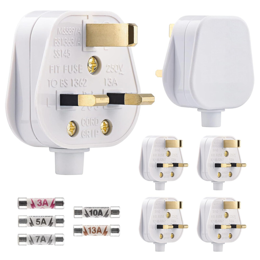 3 Pin Plug Uk 13 Amp Plugs Plug Fused Mains Plugs With 3A 5A 7A 10A 13A Domestic Fuses Kit (6) White Fisynug