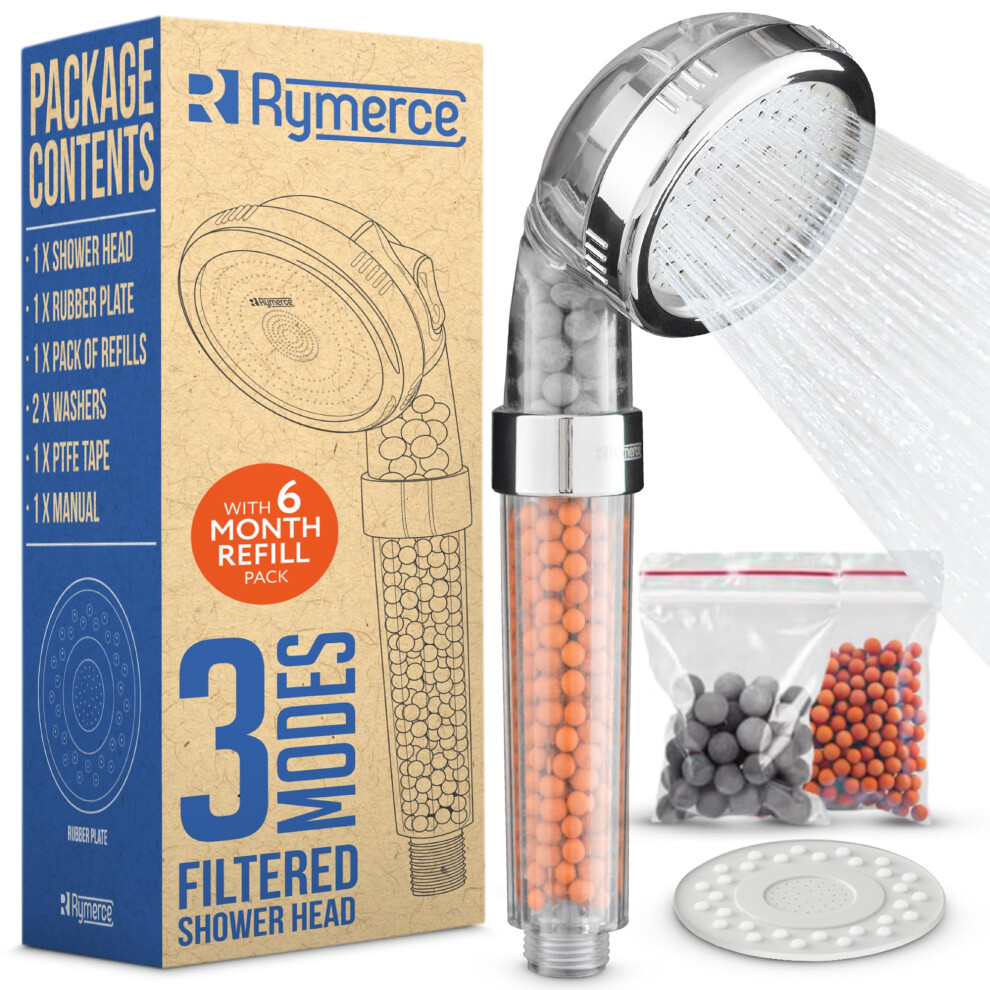 Ionic Shower Head Handheld Replacement - With 6 Month Refill 3 Modes 3Way Function - Adjustable Filter Bead Hard Water Boost Water Pressure 5051226979736