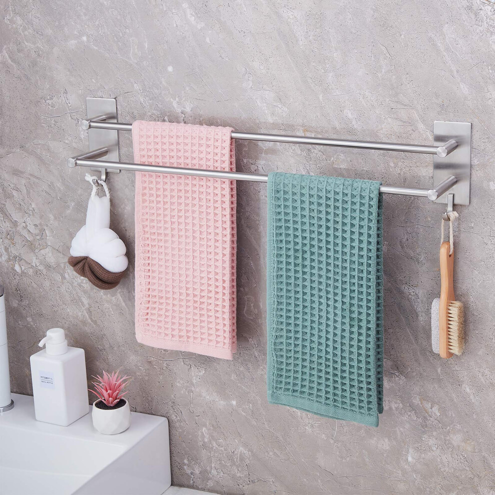 Js Towel Rail Self Adhesive 2-Tier Double Towel Holder Rack Multi Towel Bar With 2 Hooks Sus304 Stainless Steel Robe & Bath Towel Rails 60Cm/23.6Inch 5051226904547