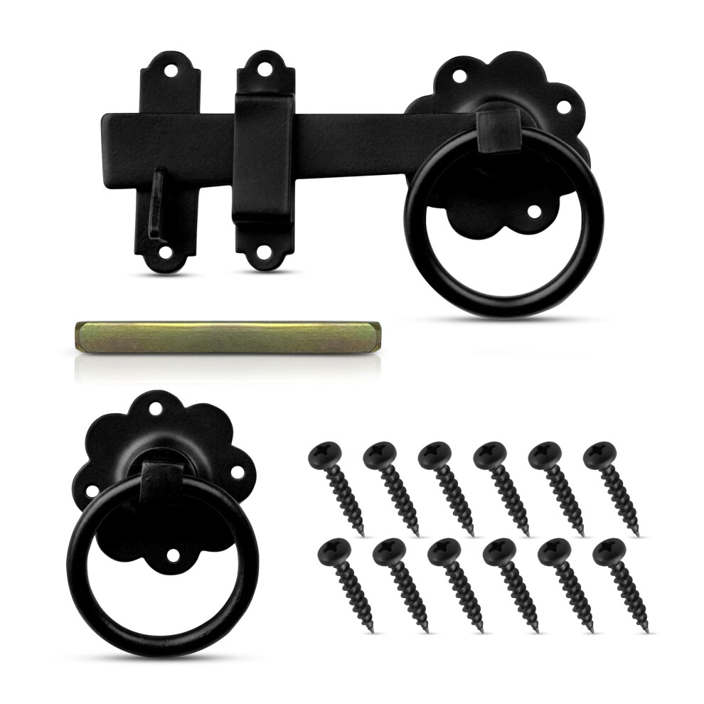 Zavia Ring Gate Latch For Wooden Gates Black Powder Coated 6"/150Mm Door Latch - Solid Ring Handle Garden Gate Latches And Catches For External Door 5004725247745