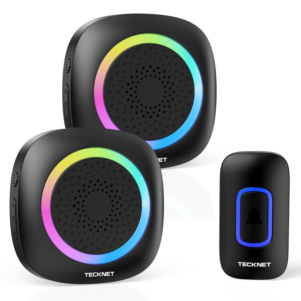 Tecknet Wireless Doorbell With 2 Portable Receiver, Rgb Door Bell Battery Powered Ip66 Waterproof Door Chime Kit, 1300Ft Wireless Range, 60 Chi Light