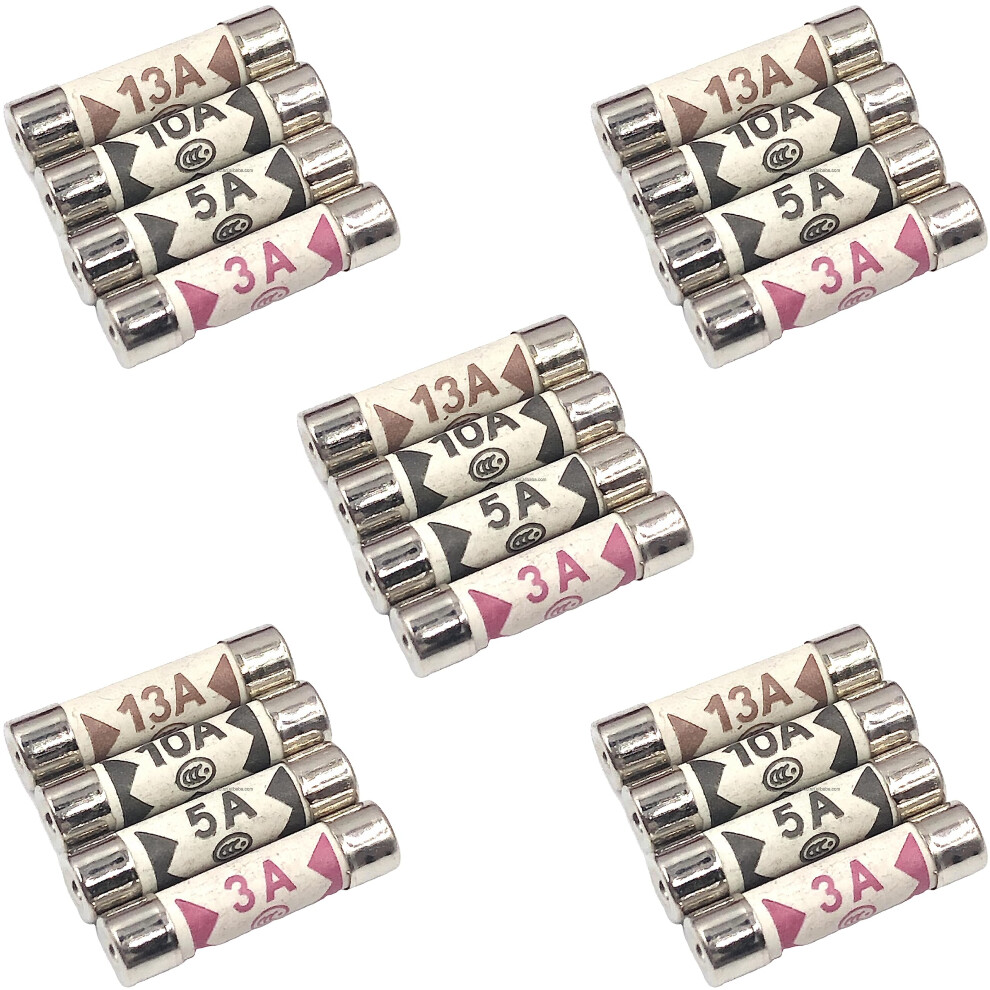 Nartel 20 X Mixed Electrical Ceramic Household Domestic Mains Plug Top Fuses Bs1362 Type (5Pcs 3A, 5Pcs 5A, 5Pcs 10A, 5Pcs 13A)