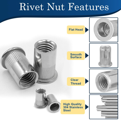 Vifmy 1/2''-13 UNC Rivet Nut, 10Pcs 304 Stainless Steel Flat Head Rivnut Threaded Insert Nutsert 2