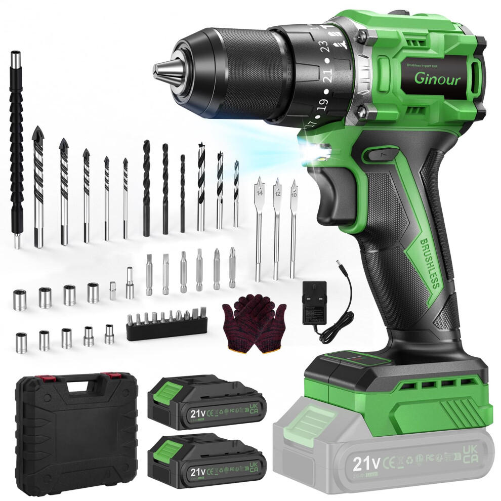 Ginour 21V Brushless Cordless Combi Drill Set, 2X2.0ah, Hammer Drill 50Nm, Compa 5005978285997