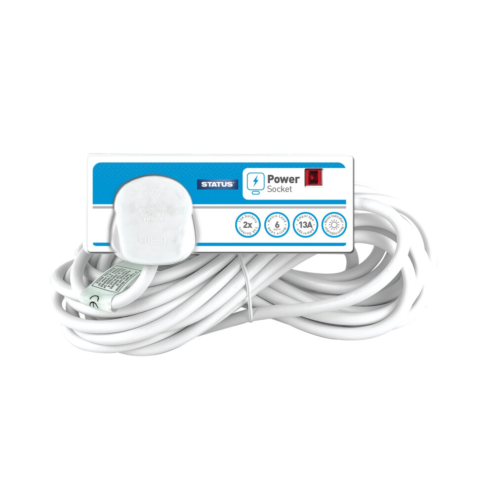 Photos - Electrical Wire & Cable STATUS 2 Socket Extension Lead with Neon Indicator, 6m Extension Cable 13A, Power Strip for Home, Office or Events, White (S 