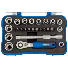 Draper 1/4" 25 Piece Square Drive Metric Socket Set | Micrometre Reversible Hand Tool |Soft Grip Ratchet | 12 Metrics Sockets Mechanics Car Tools | P