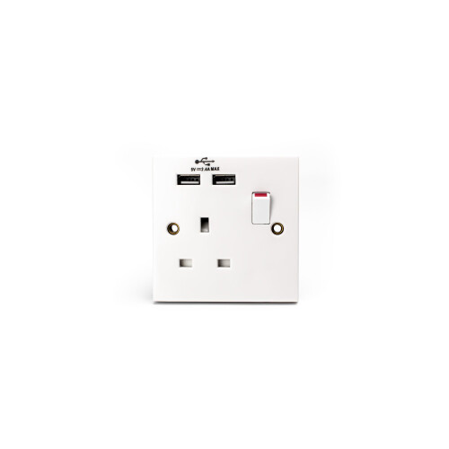 Status STATUS Plug Socket UK | Single Socket with Double USB Plug | White Plastic | 13A Single Switched Wall Socket | S1G13A2USBSWS4