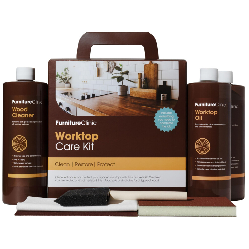 Furniture Clinic Wood Worktop Maintenance Kit - Clean, Restore And Maintain Wood Kitchen Worktops And Other Wooden Surfaces 5060202373536