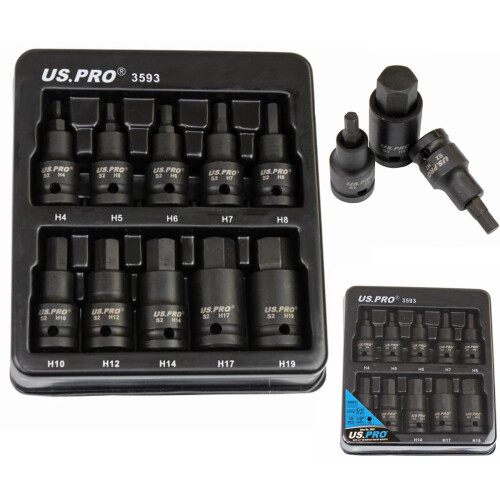 us pro US PRO Tools 10pc Impact Hex Bit Socket Set 1/2'' Drive 4mm to 19mm 3593