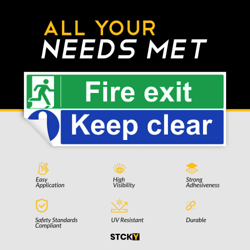 stcky Fire Exit Sign - 30cm x 10cm Ideal Sized Fire Exit Arrow Self Adhesive Vinyl Signs [Pack of 3] (Fire Exit Keep Clear) 2