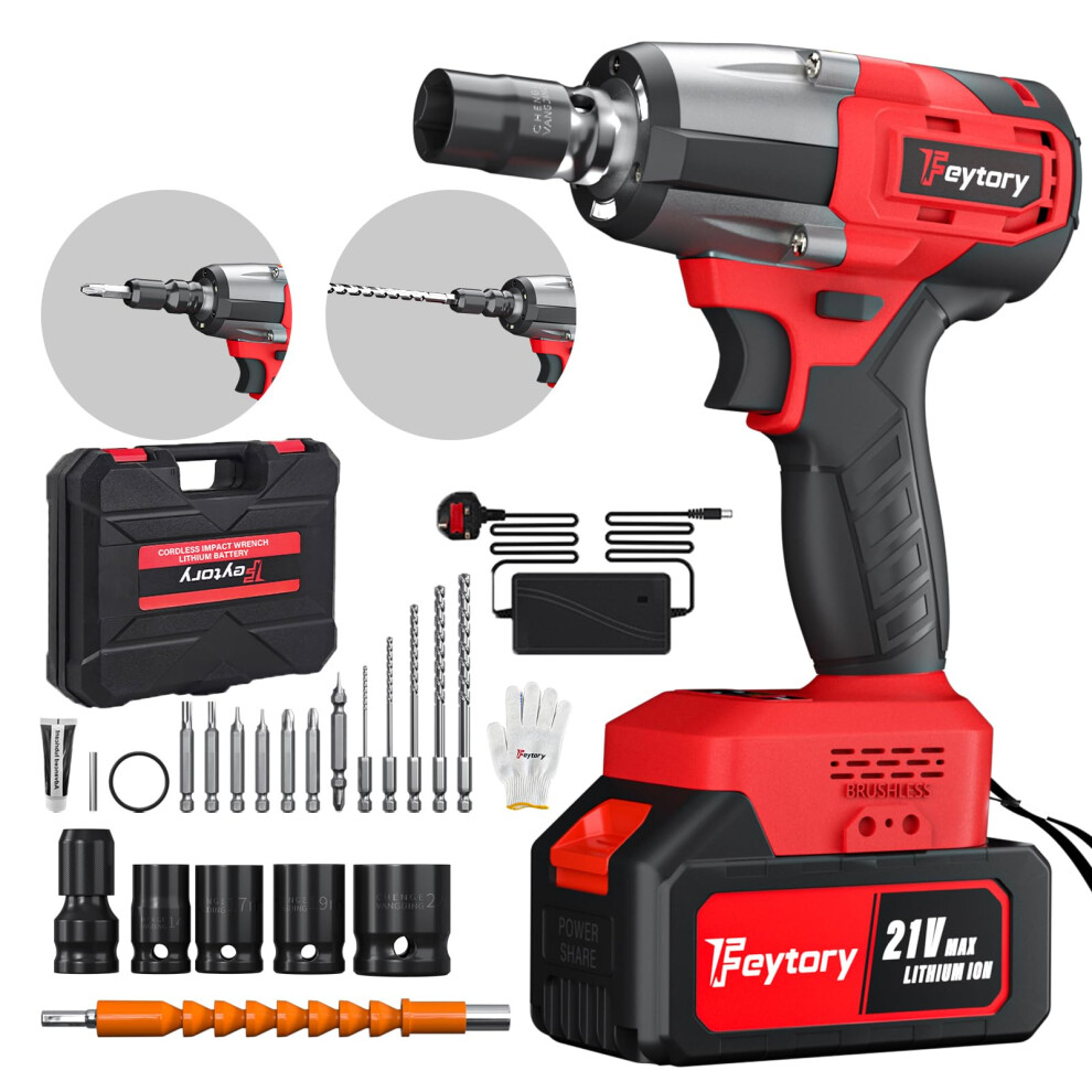 Cordless Impact Wrench,1/2" Brushless Power Impact Gun,2500Rpm Electric Wrench, Max Torque 550N.m With 4 Sockets, 12Pcs Screwdriver Bits, 4.0Ah Batte 63153330