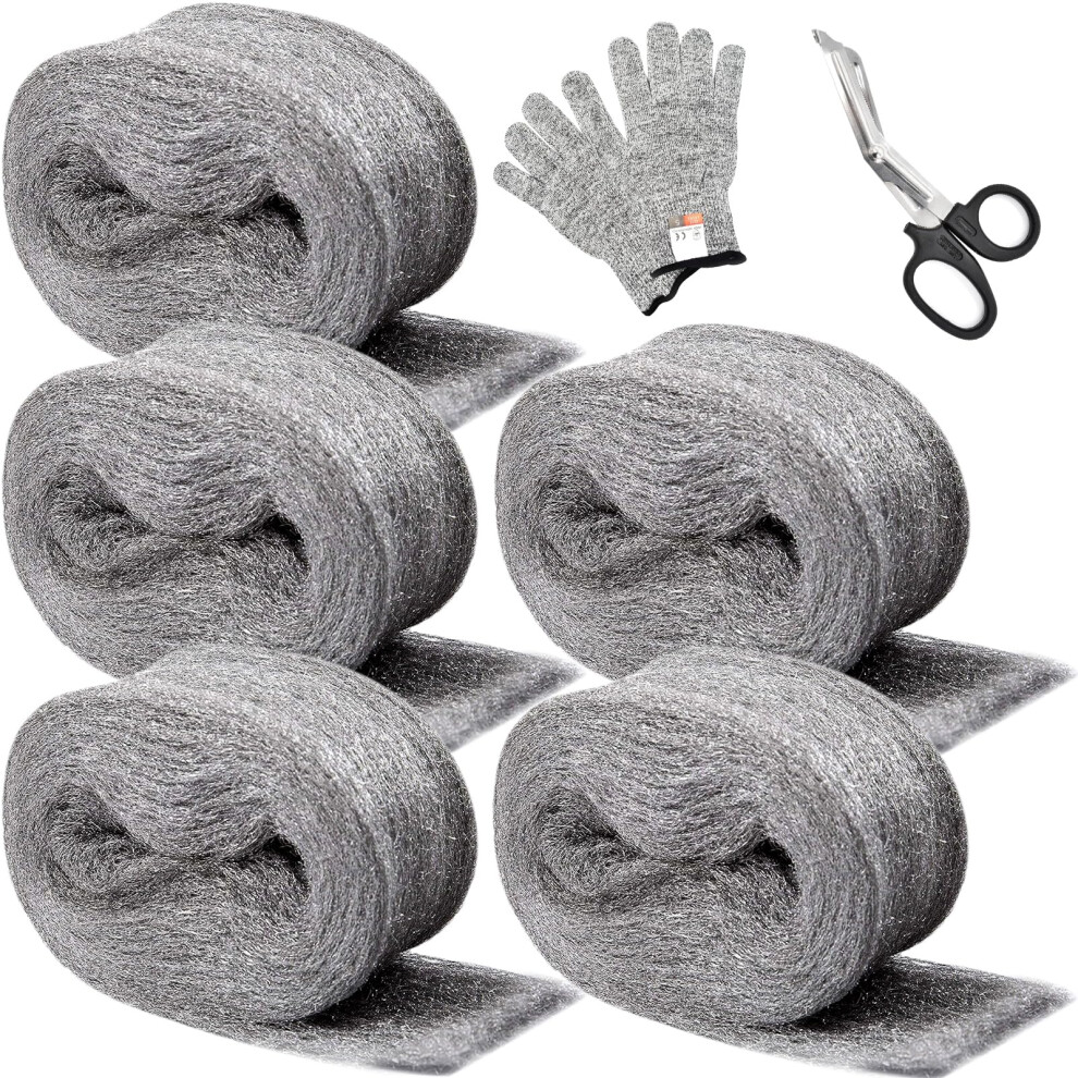 Meff-Mluk 5 Pack Steel Wool Mice, 15 Meter Ultra Fine Steel Wool 0000 Coarse Wire Wool Gaps Blocker With Gloves 5051226576928