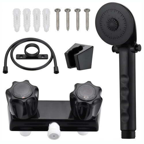 Black Handheld RV Shower Head with Hose and Wall Mount, Adjustable Knobs, Easy Camper Installation