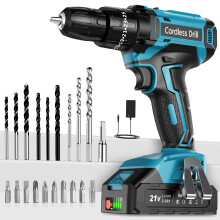 MHPRO Cordless Drill Driver 21V, Cordless Hammer Drill with Battery 2000mAh, 25+3 Torque, 42N.m Max ElectricDrill, 24PCS DrillBits, 2 Speed, LED Ligh