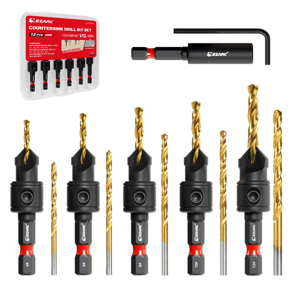 Ezarc Countersink Drill Bit Set, 12 Pcs Counter Sink Drill Bits For Wood, #4, #6, #8, #10, #12 5051226948145