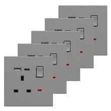 BSEED Single Socket with USB C 5 Pack, Electrical Single Switched Power Plug Wall Socket with LED Indicator, PC Wall Plate Outlet, Grey, 13A
