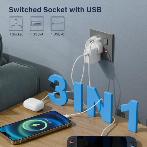BSEED Single Socket with USB C 5 Pack, Electrical Single Switched Power Plug Wall Socket with LED Indicator, PC Wall Plate Outlet, Grey, 13A 2