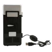 Mini geladeira portátil com alimentação USB para bebidas, comporta uma única lata, possui sistema termoelétrico de aquecimento e resfriamento,