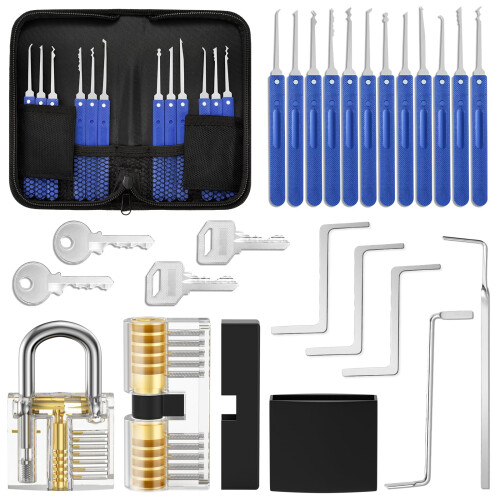 Lock Pick Set, Eventronic 17-Piece Lock Picking Tools with 2 Clear Practice and Training Locks for Lockpicking, Extractor Tool for Beginner and Pro L