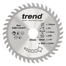 Trend Wood Cordless Circular Saw Blade, 120mm Diameter, 20mm Bore, 40 Teeth, 1.8mm Kerf, +15 Hook, TCT, Fine Finish, CSB/12040T