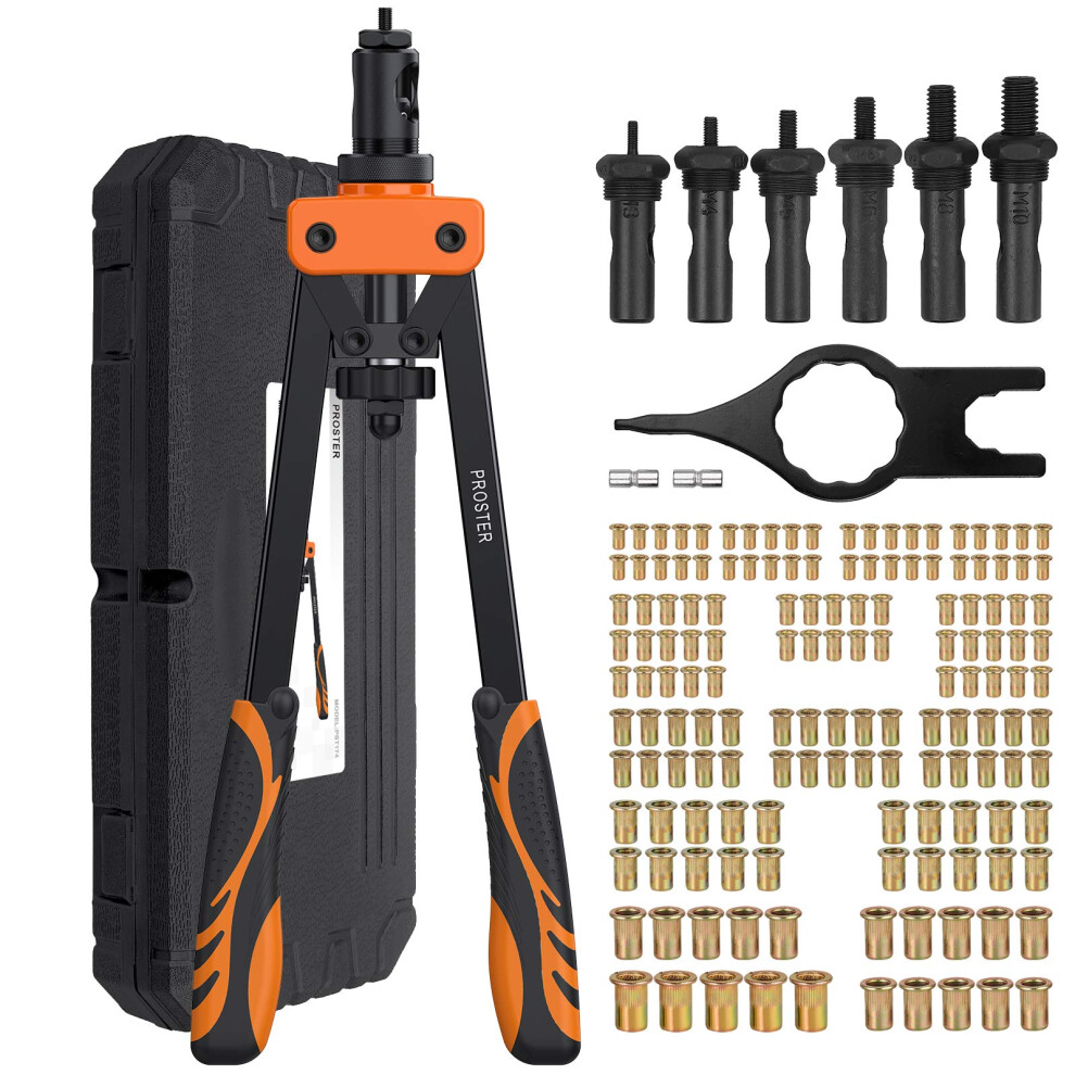 Proster 14" Rivet Nut Tool With 6Pcs Metric Mandrels 150 Pcs M3-M10 Heavy Duty Riv Nut Gun Set Thread Setter Kit With Carrying Case Orange 3752659622610