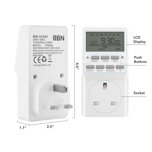 HBN 7 Day Digital Timer with Countdown Setting,Heavy Duty Electrical Socket Plug,20 ON/Off Weekly Settings for Lamp Light,24 Hours Programmable Outle 2