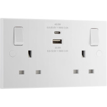 BG Electrical 45W Double Switched Power Wall Plug Socket with Super Fast Charge Type A & C USB Charging Ports, Square Edge, Nexus 900 Series, White M