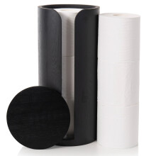Woodluv Toilet Roll Holder with Lid Round, Toilet roll holder Freestanding, Bathroom Storage, Bamboo Loo Roll Holder, Bathroom Storage Unit, Black