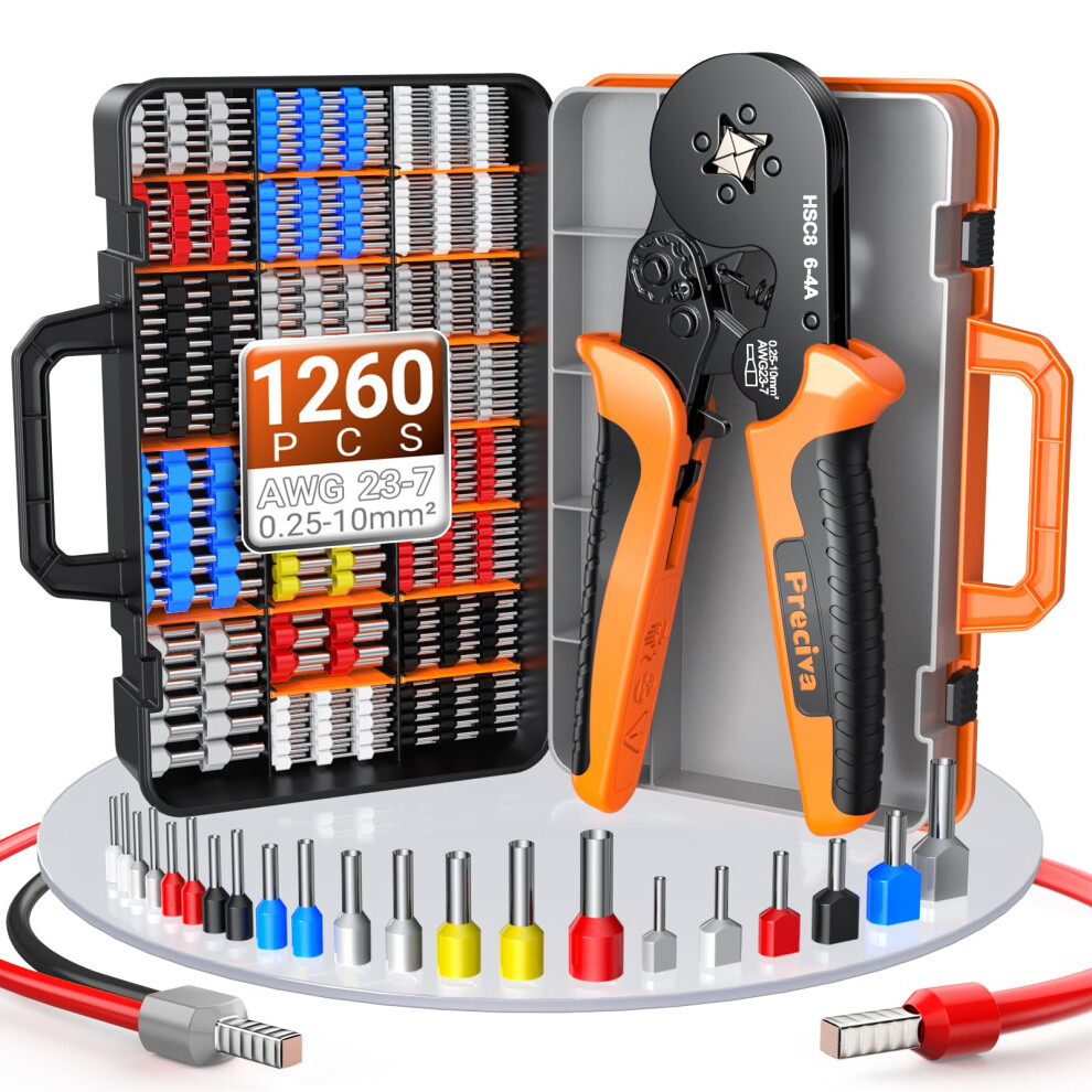 Preciva Crimping Tool With 1260Pcs Crimp Connectors (260 Dual & 1000 Single Tube) For 0.25-10Mmâ² Ferrules, Self-Adjusting Ratchet Crimper, Ergonomic