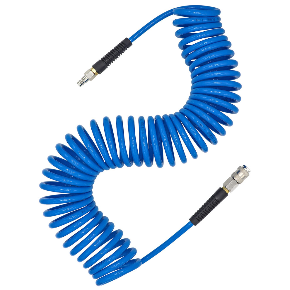 Yotoo Air Compressor Hose Polyurethane Recoil 10M Long 6Mm Id X 9.5Mm Od With Bend Restrictor, 1/4" Europe Quick Coupler And Plug, Blue 5002479750931
