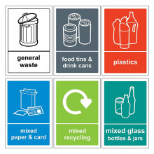 6 Self Adhesive Multi Recycling Bin Stickers, Waterproof Labels for Waste Bins, Food, Plastics, Mixed Paper and Card, Mixed Glass and General Waste 6