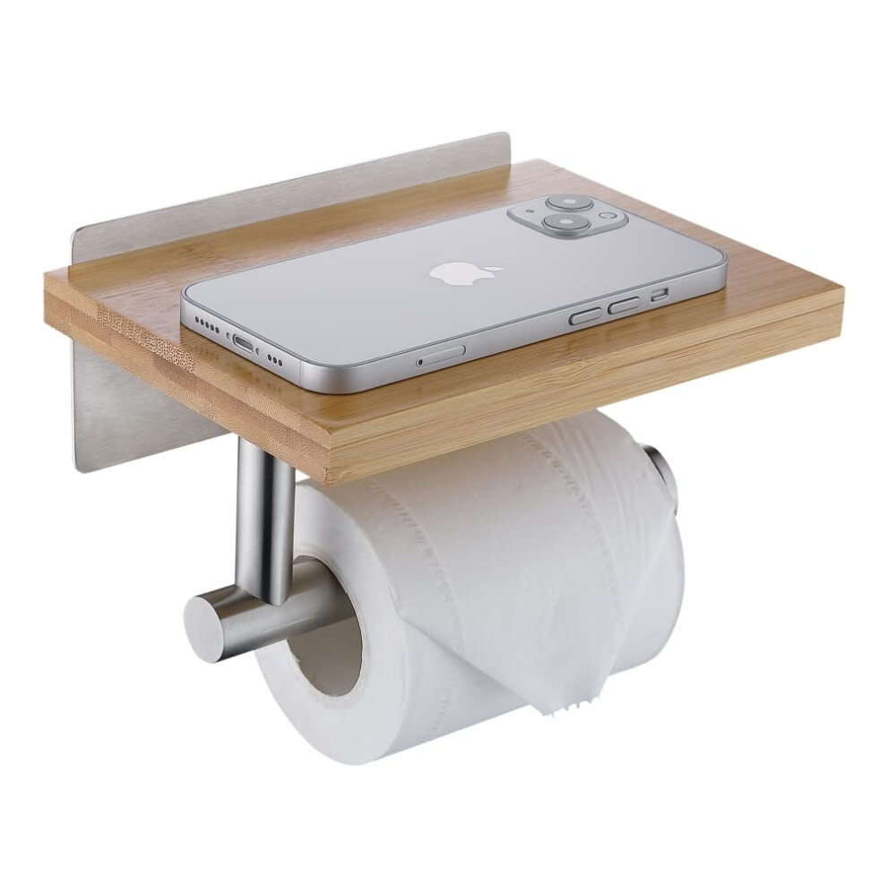 Homeheng Toilet Roll Holder With Natural Bamboo Shelf, Modern Roll Tissue Holder Wall Mounted No Drilling 5051226603662