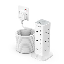 TESSAN Tower Extension Lead 10M with 3 USB Slots, 12 Way Multi Plug Extension Sockets with Long Cable, Surge Protected Power Strip with Switch for Hom