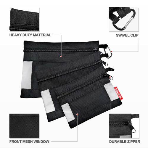HAUTMEC 3 Pieces Small Tool Pouch, Multi Function Zippered Tool Poly Bag with Mesh Window, Heavy-Duty Clip Organizer HT0126-TB 2