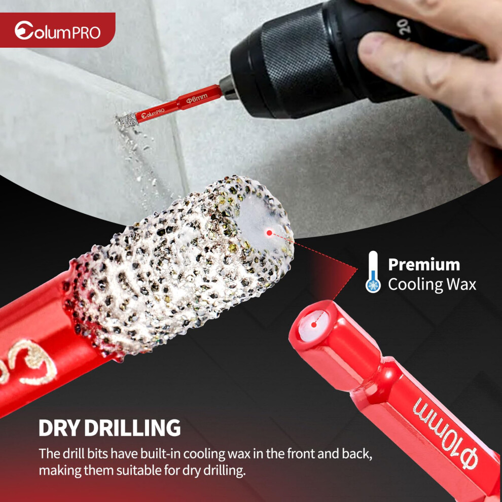 Columpro Porcelain Tile Drill Bits Set, 6/8/10/12Mm Dry Diamond Drill Bit And 6Mm Hex Shank Drill Bit For Granite, Ceramic, Marble Stone 5008341088485