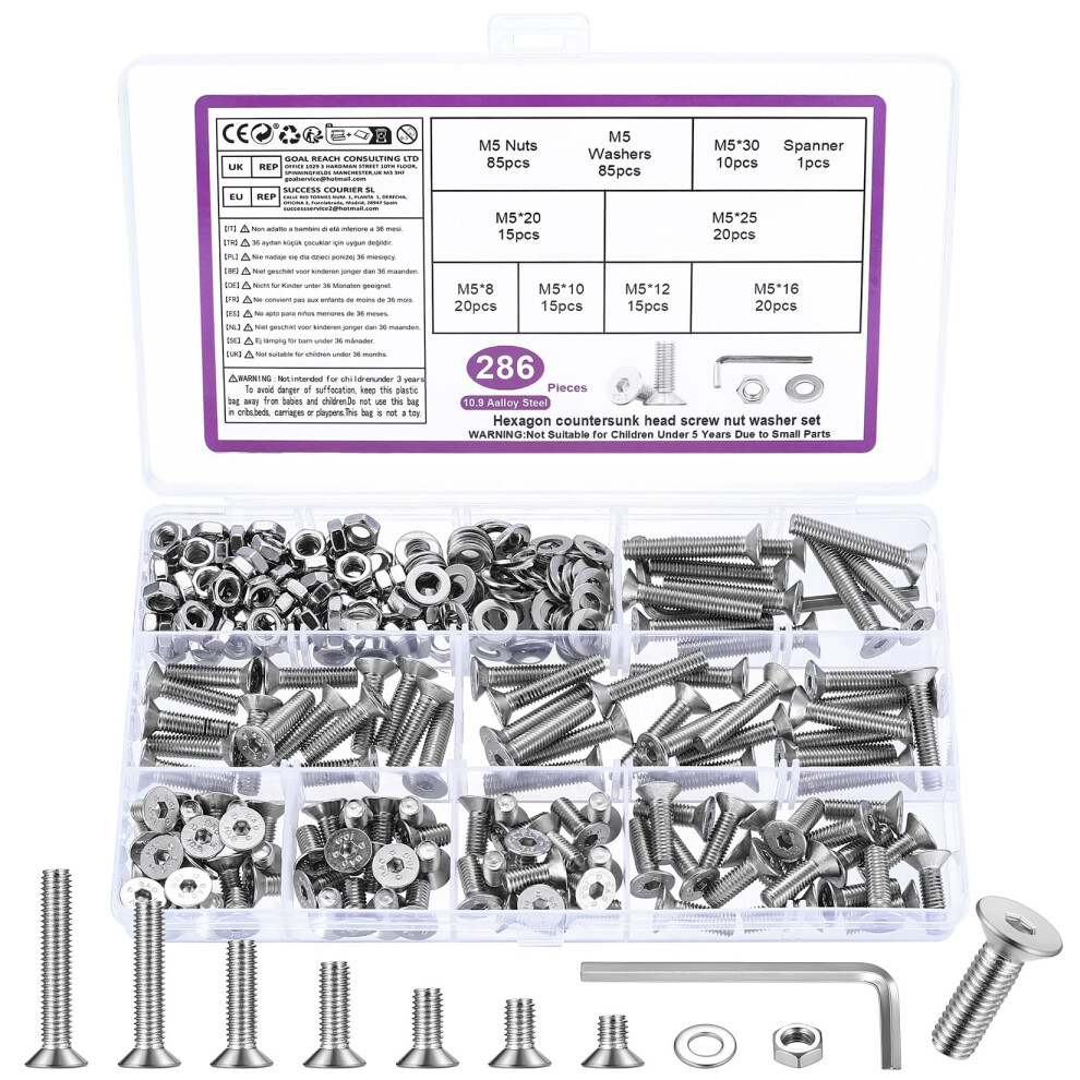 Photos - Nail / Screw / Fastener 286 Pcs M5 Screws Set, Countersunk Bolts and Nuts Set, Countersunk Nuts and Bolts with Washers, Flat Head Machine Screws Ass